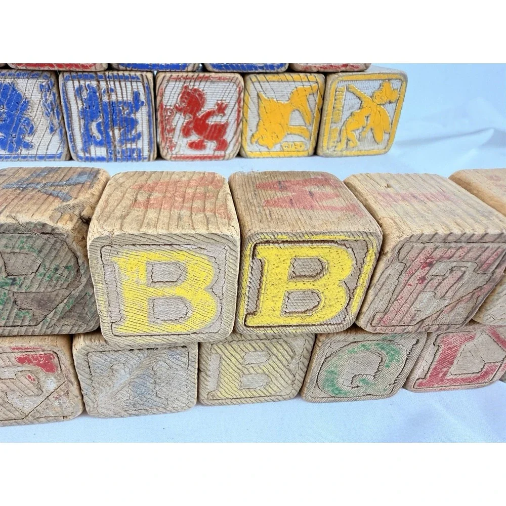 Vintage Wooden Alphabet Blocks‎ ABC Picture Toy Set 44 Nursery Rhyme Animals